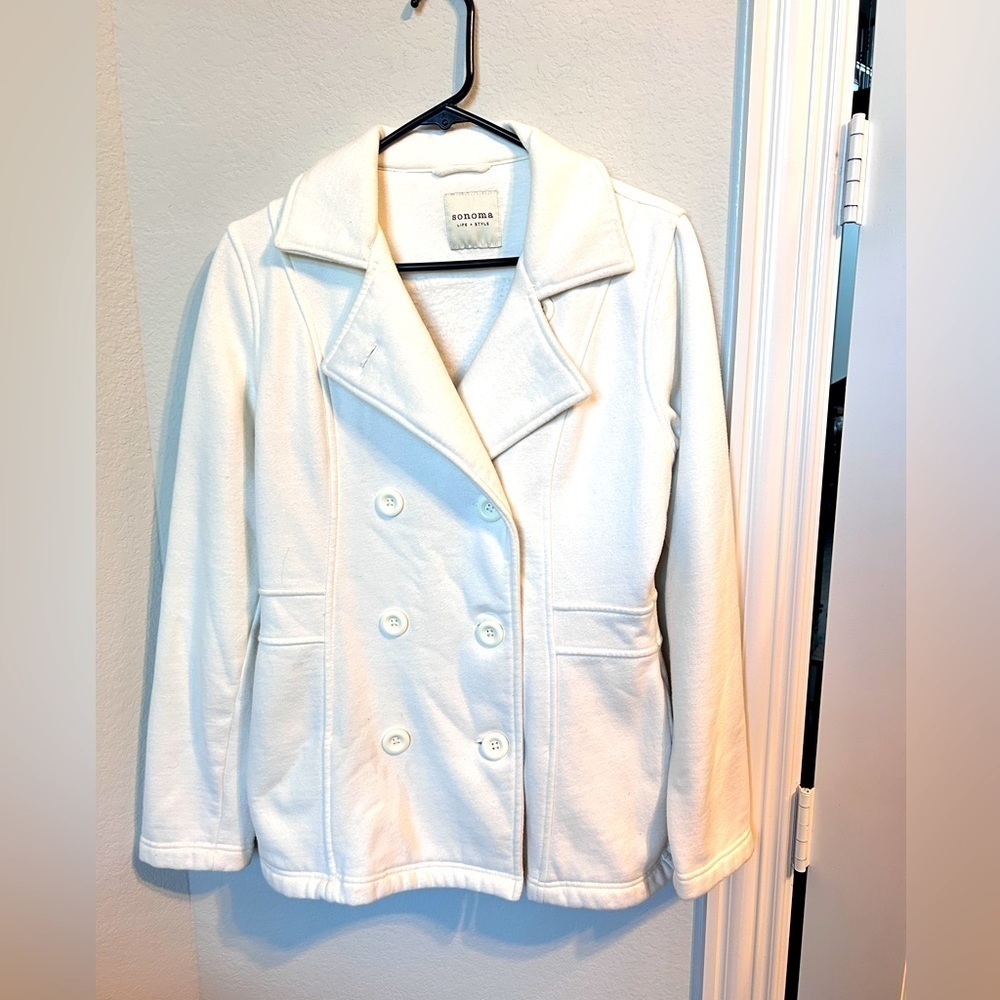 Cream winter white womens peacoat, sz Small, double breasted hip length coat